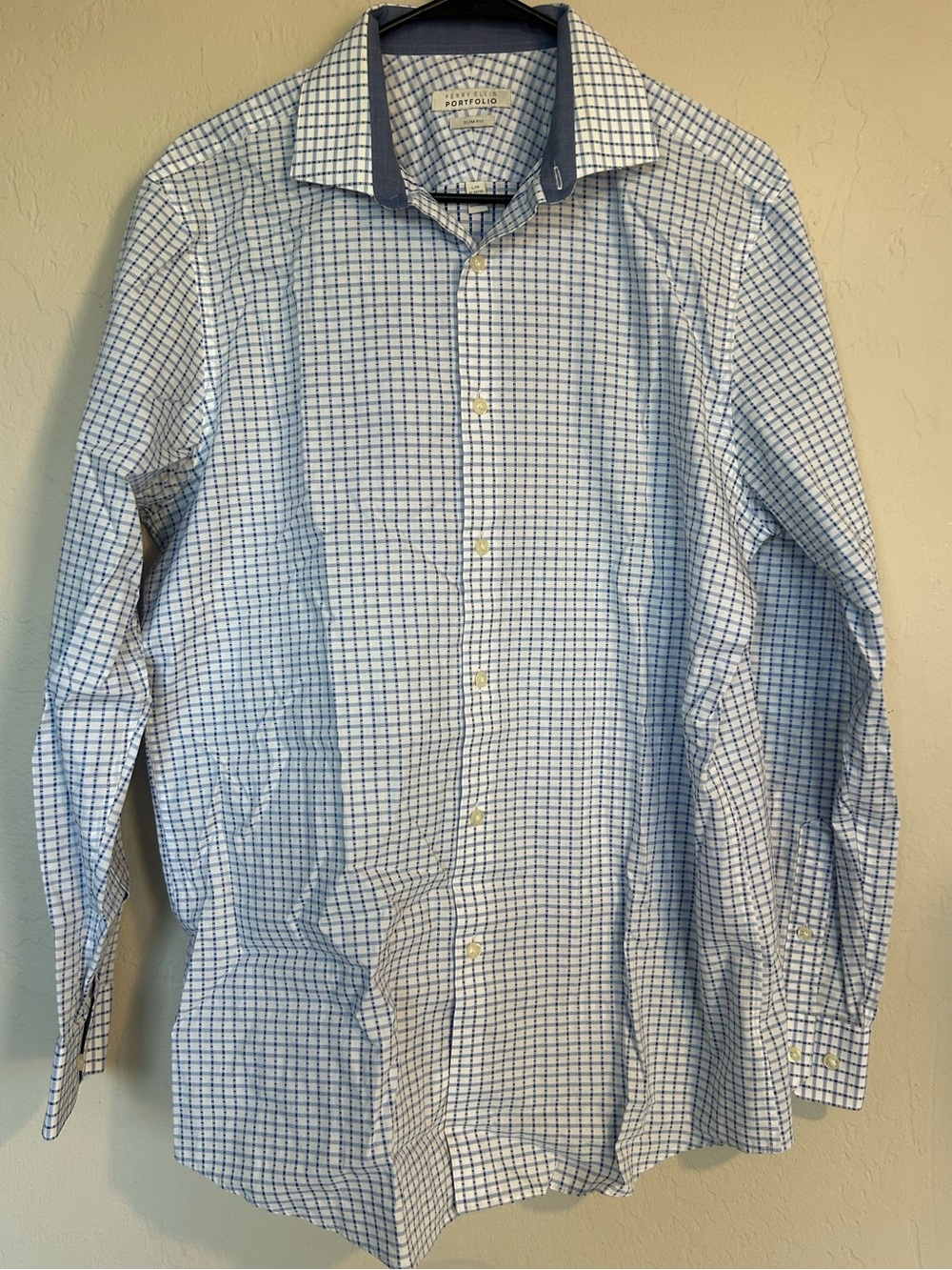 Perry Ellis Portfolio Button Up Shirt Mens Large Blue White Plaid Slim Fit (1910